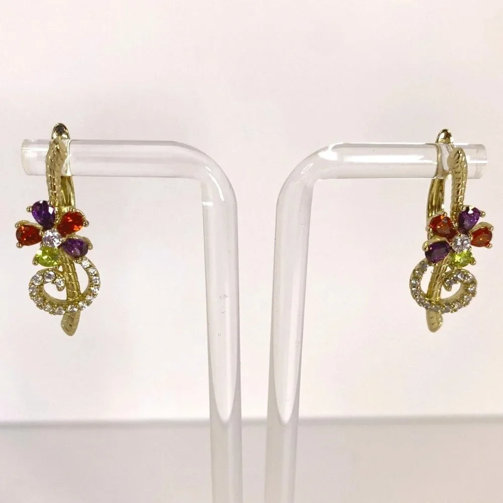 Musical note key note music symbol gold tone rhinestone latch-back earrings OS